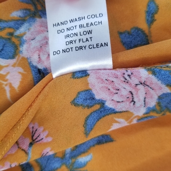 IRIS Yellow Floral Cold Shoulder Hi-Low Wrap Flowy Dress Flutter Sleeves M - Picture 15 of 16